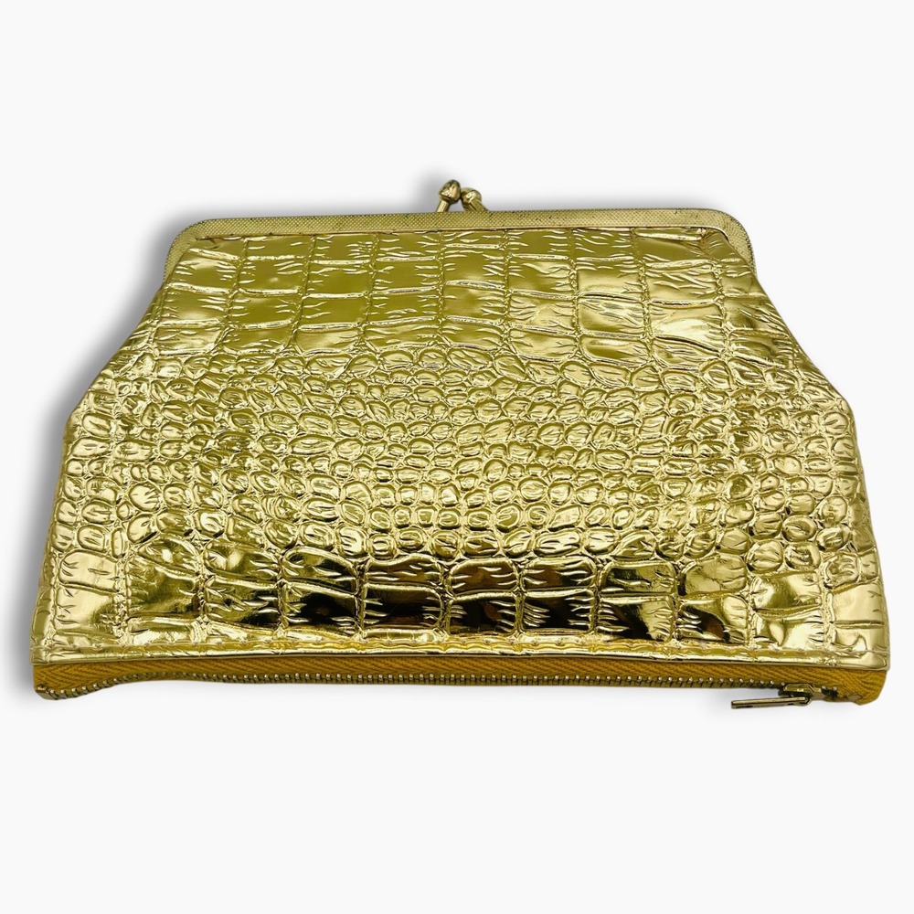 Vintage Bonny Gold Metallic Crocodile Embossed Kiss Lock Zipper Clutch Bag